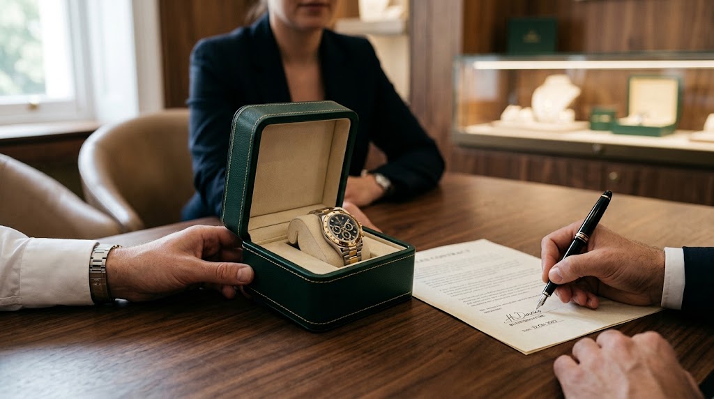 Entrega de un reloj de lujo en su estuche verde y firma del contrato de compraventa en Chrono Barcelona